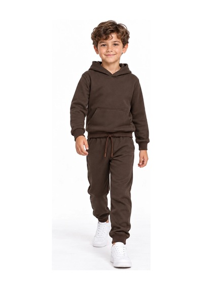 Rony Pony Kids Unisex Kız Erkek Çocuk Kahverengi 2 İplik Kapüşonlu Kanguru Cepli Eşofman Takımı