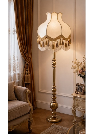 Beyaz Kadife Gold Saçaklı Başlık Gold Ahşap Ayaklı Lambader Vintage Model 170x50cm