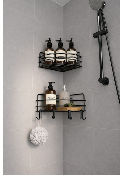 Sas Haus Tek Katlı Köşe Duş Rafı Kancalı Banyo Şampuanlık & Organizer 2 Adet Siyah Tk-01 Siyah