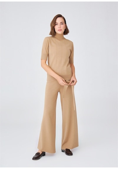Peraluna Boru Paça Yüksek Bel Kadın Triko Pantolon Camel Melanj