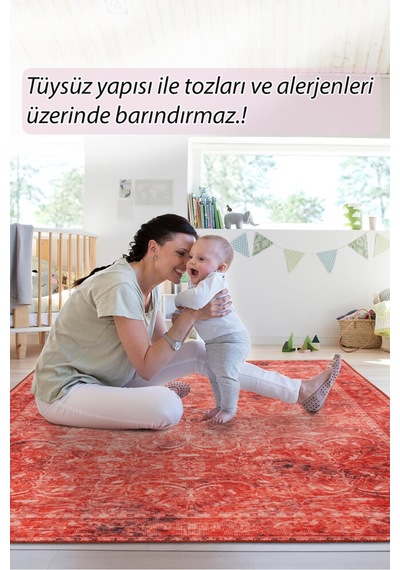 Foldy Eskitme Desenli Dokuma Taban Dekoratif Kırmızı Halı Fl 26 Kırmızı 7