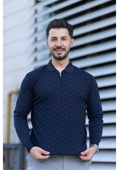 Hk Premium Erkek Triko Kazak Zikzak Desenli Polo Yaka Fermuarlı Slim Fit Lacivert
