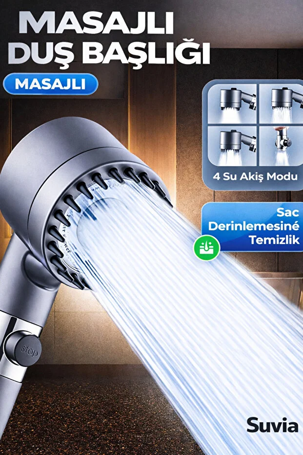 Duş Başlığı Stop Düğmeli Masajlı Yüksek Basınçlı Su Tasarruflu Gri