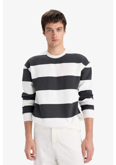 Defacto Boxy Fit Bisiklet Yaka Çizgili Sweatshirt A9066ax25auar104 Antrasit
