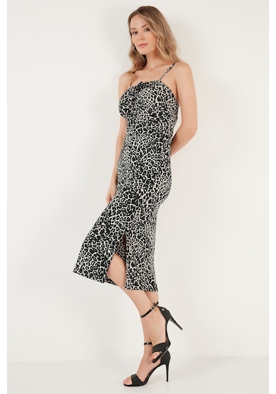 Lela Önü Büzgülü Ip Askılı Yırtmaçlı Fitted Midi Bayan Elbise 5865362 Leopar