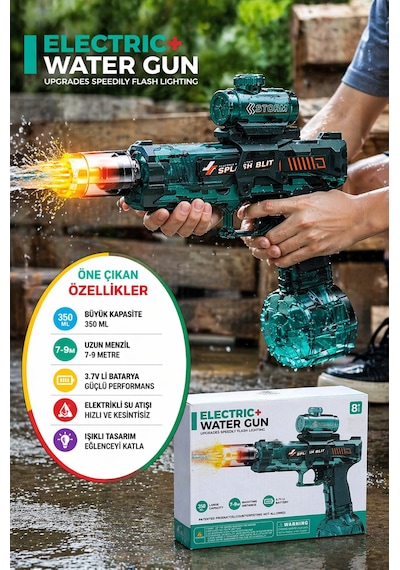 Elektrikli Su Tabancası Şarjlı Otomatik 350ml Işıklı Uzun Menzil Çocuk Oyuncak Su Silahı