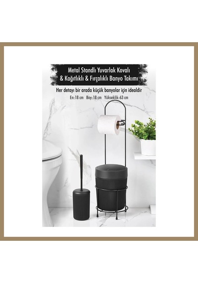 Bezos Metal Standlı Yuvarlak Kovalı & Kağıtlıklı & Fırçalıklı Siyah Banyo Takımı 22