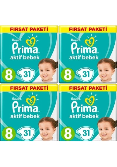 Prima Pampers Aktif Bebek Fırsat Paketi Bebek Bezi 17+ KG 8 Beden 4 x 31 Adet 4'lü