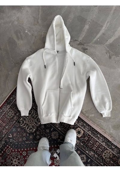 Tua Moda Oversize Tam Fermuarlı Uzun Kol Hırka - Beyaz Beyaz