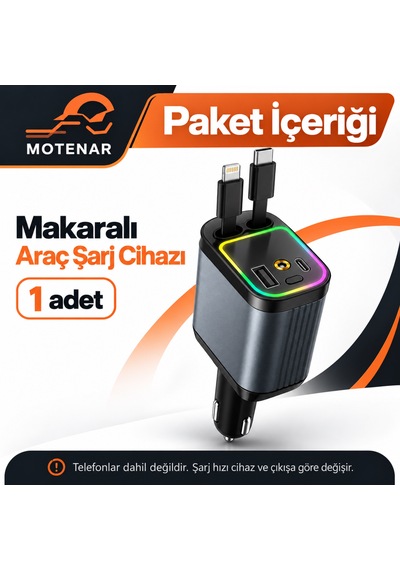 Motenar 4ü 1 Arada Makaralı Araç Şarj Cihazı Type-c Lightning