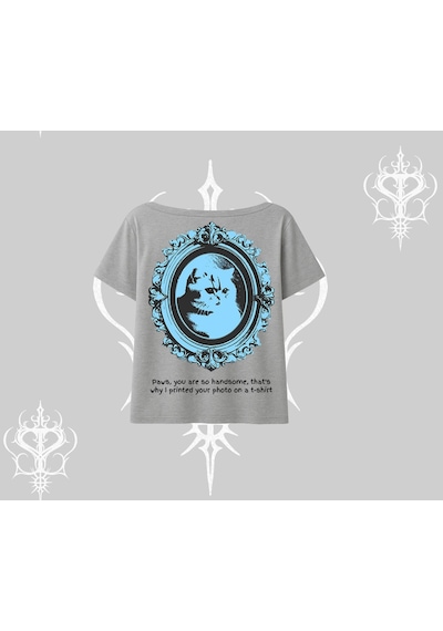 Tarzsokak Çerçeveli Kedi Baskılı Kayık Yaka Tshirt Gri