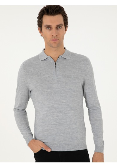 Cacharel Gri Regular Fit Yün Karışımlı Fermuarlı Polo Yaka Basic Triko Kazak