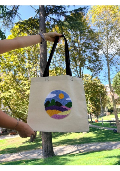 Bolergıashop Montado Grande Tasarım Canvas Omuz Çantası Bej - Beyaz - Mavi Punch İşleme