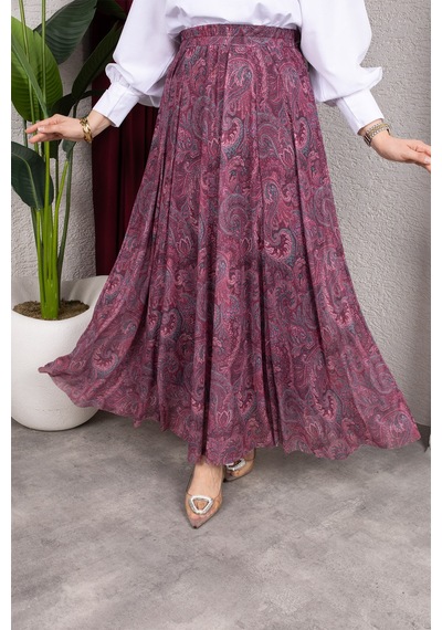 Hira Life Fashion Asimetrik Kesim Etnik Desen Astarlı Tül Tesettür Etek Bordo Bordo