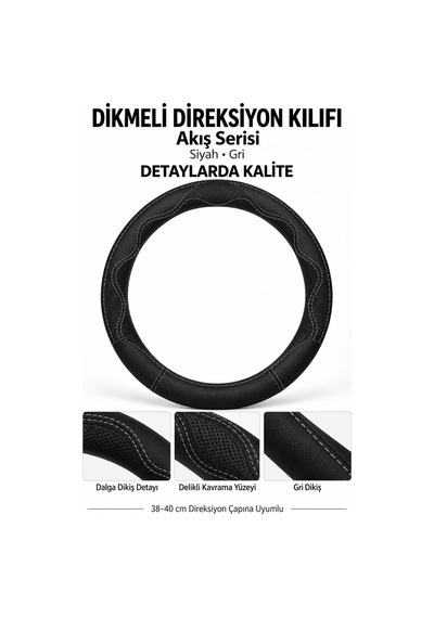 Trobus Ford Transit Connect 2002-2013 Uyumlu Dikmeli Direksiyon Kılıfı Akış Siyah Gri Siyah - Gri