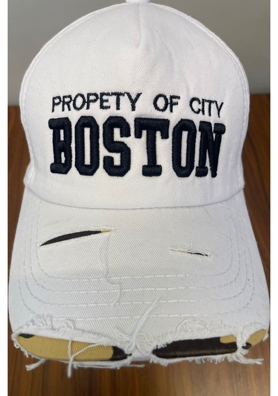 Boston Nakışlı Eskitme Vintage Model Pamuklu Cap Şapka Beyaz