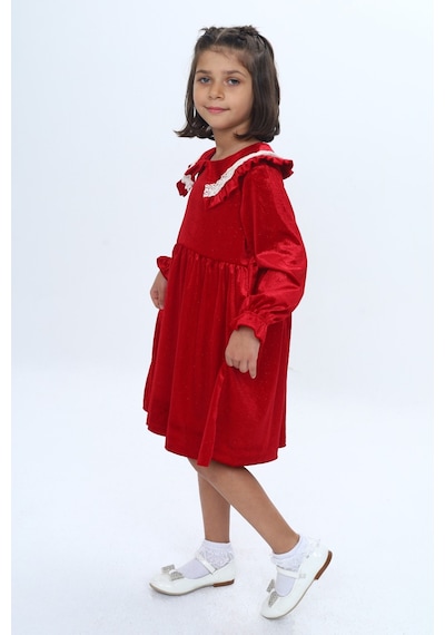 Toontoy Kids Toontoy Kız Çocuk Yaka Detaylı Fırfırlı Elbise Kırmızı