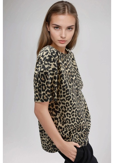 Hiccup Oversized Leopar Desenli Bisiklet Yaka Tişört Kahverengi