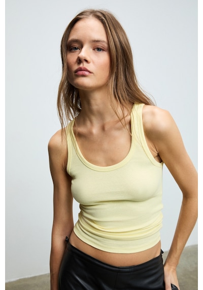 Ethıquet Lıllesol Kadın Fitilli Görünümlü Slim Fit Vücuda Oturan Havuz Yakalı Pamuklu Basic Sarı Atl SARI