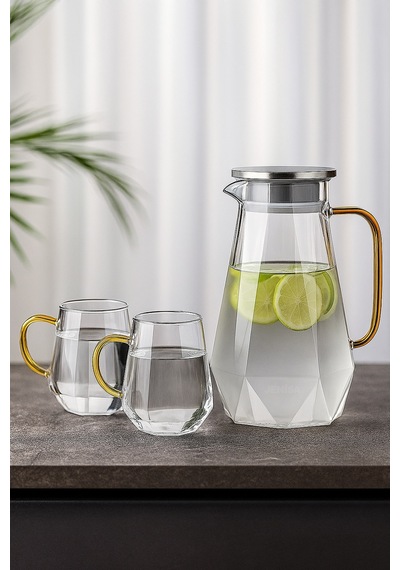 5 Parça Cam Sürahi Ve Bardak Seti Metal Kapaklı 1500 Ml Sürahi + 4 Adet 350 Ml Bardak
