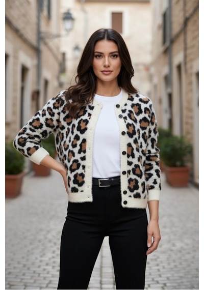 Kadın Premium Leopar Desenli Triko Bisiklet Yaka Hırka Ekru