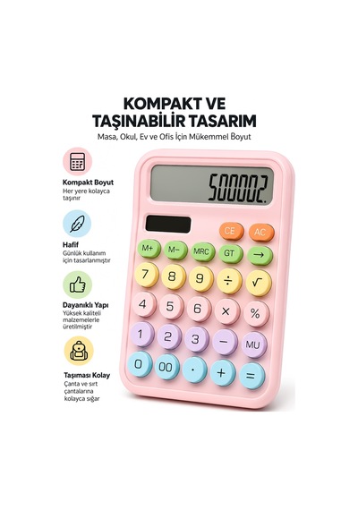 Lcd Ekran Hesap Makinesi 12 Haneli Hesap Makinesi Pastel Pembe