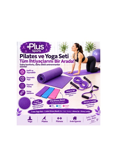 7 Mm Pilates Minderi + 3'lü Direnç Bandı + Atlama İpi + Kelebek Direnç Lastiği Mor Mor