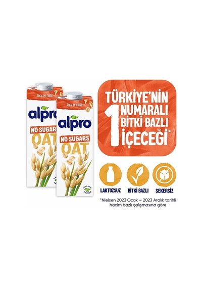 Alpro Şekersiz Yulaf Sütü 2x1 L Vegan Laktozsuz Bitkisel Bazlı