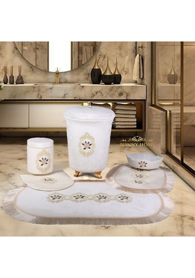 Shems Krem 6 Prç Kirli Çamaşır Sepeti Seti + Banyo Paspası  Seti Krem