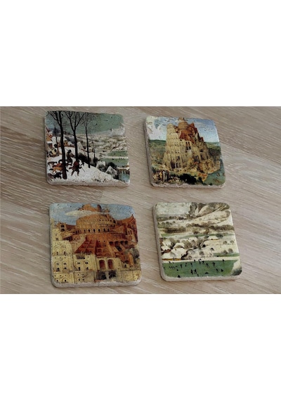 Pieter Brueghel Babil Kulesi Ve Eserleri Doğal Taş Bardak Altlığı 4'lü Set - Natural Stone Coasters - Taş Çok Renkli