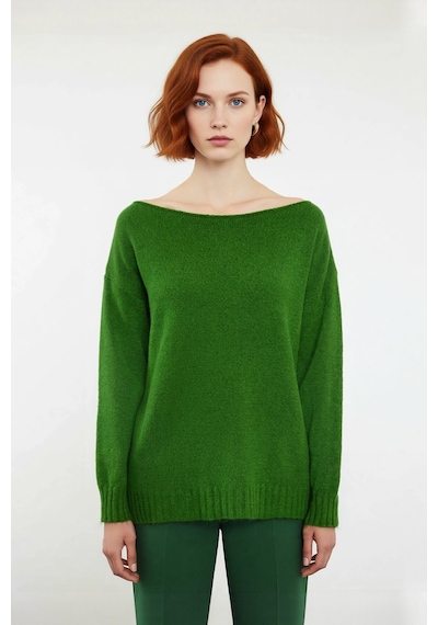 Ersefa Kadın Basic Kayık Yaka Oversize Triko Kazak Rahat Ve Şık İlkbahar Yeşil