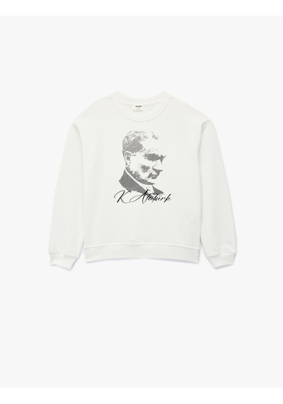 Koton Atatürk Baskılı Uzun Kollu Bisiklet Yaka Pamuklu Sweatshirt Ekru 6wkg10422ak Ekru