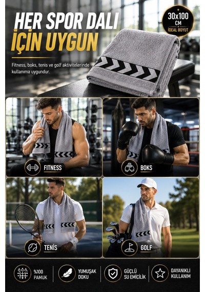 Gri 30x100 Cm %100 Pamuk 450 Gsm Spor Havlusu Fitness Gym Boks Tenis Golf Yüz Havlusu Yıkanabilir