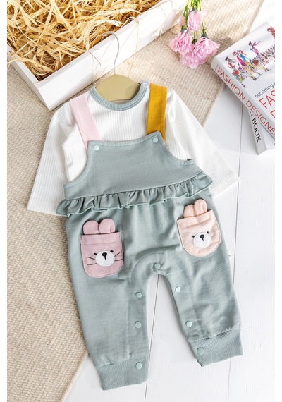 Baby Mod Tavşan Fiğürlü100% Pamuk Kız Bebek Salopet 2'li Tulum Yeşil