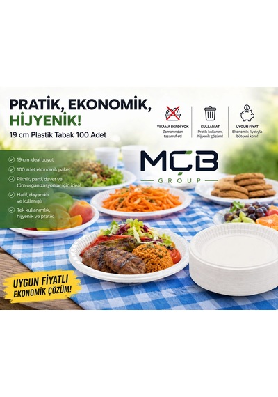 19 Cm Plastik Tabak 100 Adet Beyaz Tek Kullanımlık Parti Piknik Doğum Günü