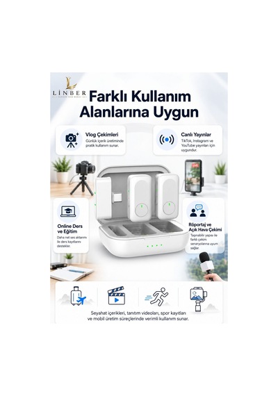 Type-c Girişli Beyaz Kablosuz Yaka Mikrofonu Şarj Kutulu 2 Verici 1 Alıcı 48khz 24bit Gürültü Engellemeli Beyaz Beyaz