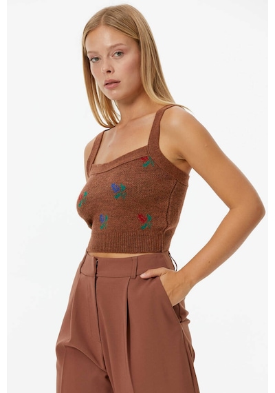 Sementa Çiçek Motifli Crop Triko Takım - Taba 001
