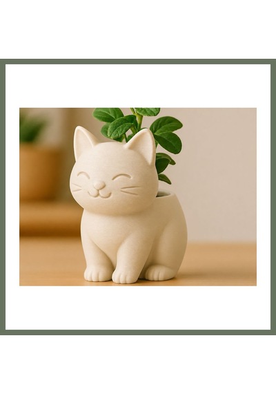 Bezos 3d Baskı Sevimli Kedi Saksı - Figürlü Sukulent Saksısı-bej Bezos1