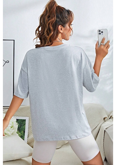 Unisex Kalp Baskılı T-shirt Gri