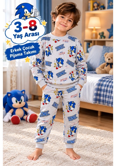 Üç Gül Ticaret Erkek Çocuk 3-8 Yaş Sonic Desenli Pijama Takımı İçi Pamuklu Şardonlu Gri