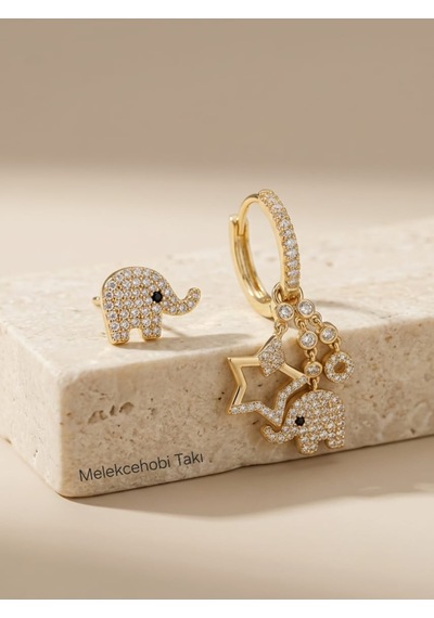 Melekcehobi Xuping Gold Zirkon Taşlı Fil Ve Yıldız Figürlü Küpe Seti
