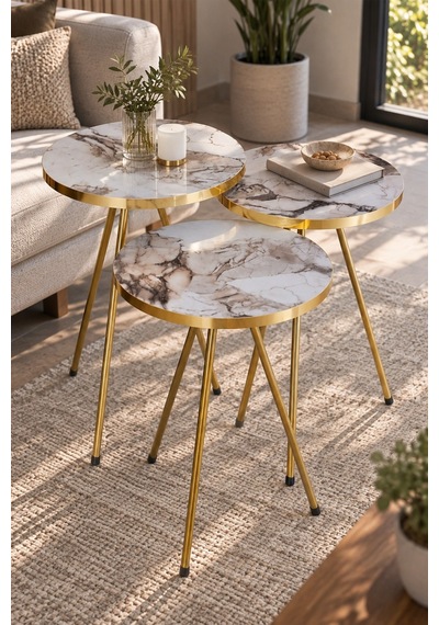 Sulorahome Beyaz Mermer Görünümlü Gold Metal Zigon Sehpa Seti 3'lü Tablalar Beyaz Mermer / Ayaklar Gold