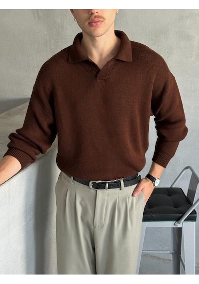 Erkek Polo Yaka Örme Oversize Kazak 001