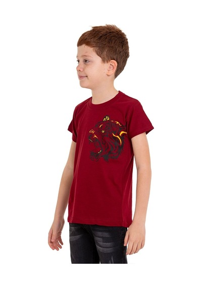 Bordo Kaplan Baskılı Bisiklet Yaka 5-16 Yaş Tişört 2008-6 Bordo
