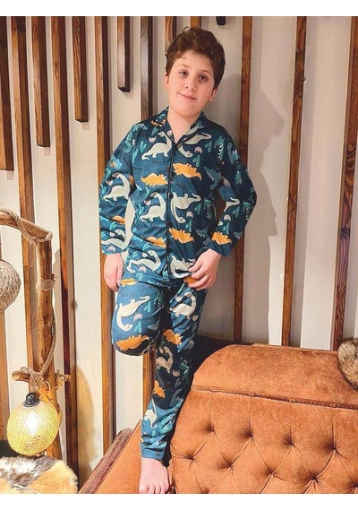 Lolliboomkids Erkek Çocuk Dinozor Desen Düğmeli Pijama Takımı Uzun Kollu Yeşil