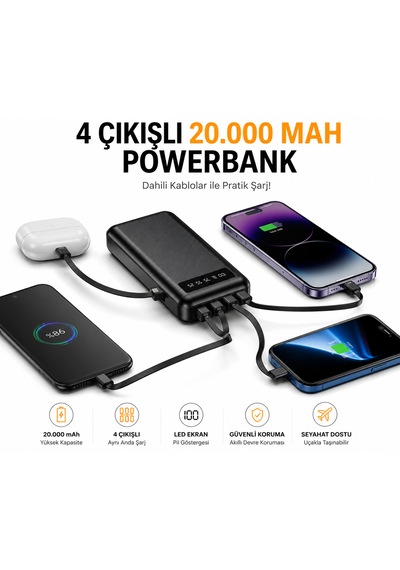 20.000 Mah Dijital Ekranlı Powerbank Yüksek Performanslı 4 Çıkışlı Dahili Kablolu Taşınabilir Batarya Diğer
