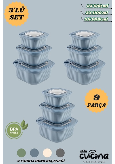9'lu Mikrodalga Ve Difriz Kullanımına Uygun Vakumlu Vıp Saklama Kabı Çeyiz Seti 3x 600-1100-1800 Ml Mavi