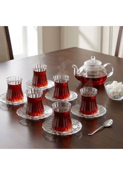 12 Parça Çay Seti - 6 Adet Fitil Desenli Cam Çay Bardağı Ve 6 Adet Cam Çay Tabağı - Isıya Dayanıklı Çay Tak Diğer