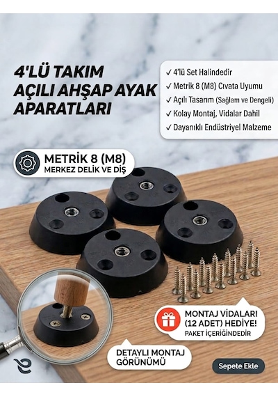 Ahşap Ayak Aparatı Açılı 4'lü Set Vida Hediyeli Masa Sandalye Puf Zigon Sehpa Ayakları Bağlantı Aparatı M8 Gri - Siyah