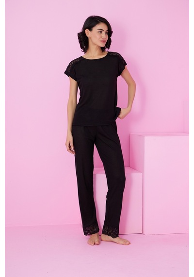Siyah İnci Soft Touch İnce Mevsimlik Dantel Detaylı Örme Pijama Takım7864 Siyah